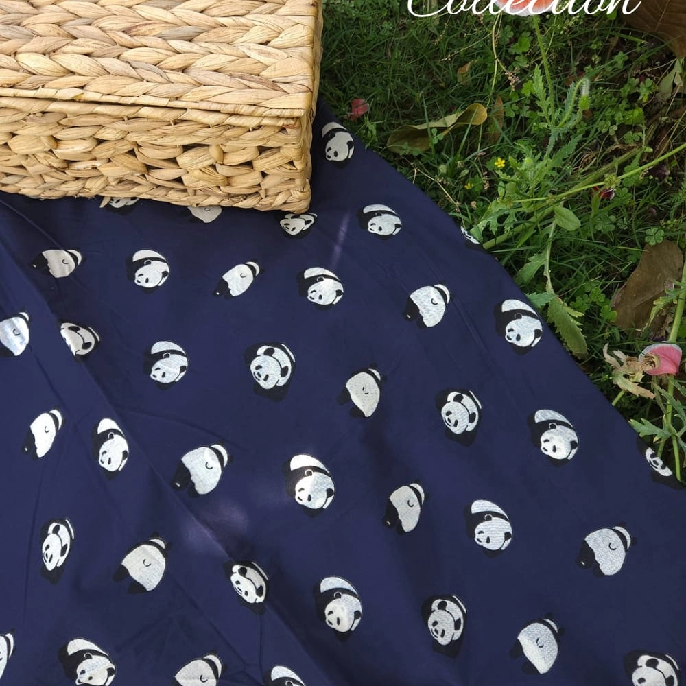 Dark blue base with white and black panda figures jaipuri cotton