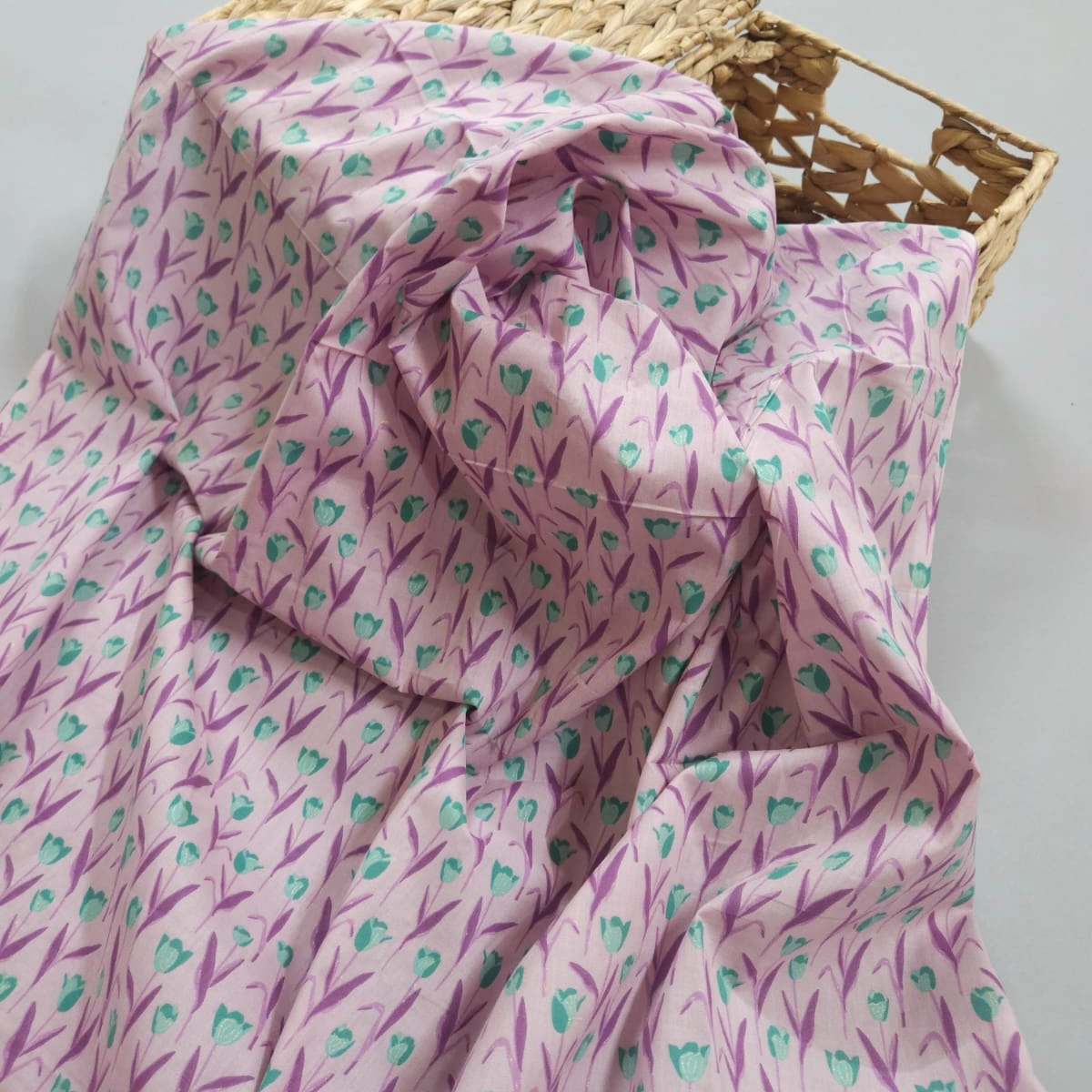 lavender pink with sea green butta printed jaipuri cotton fabric