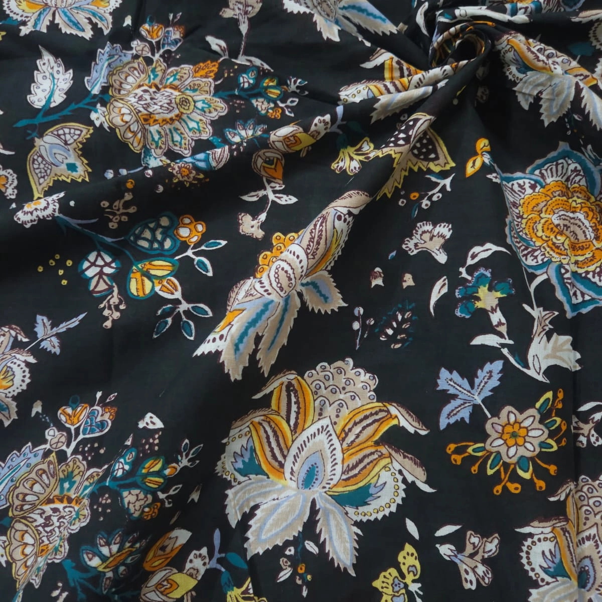 Bottle green shade base jaipuri nas flowers print on overall fabric, cotton fabric.