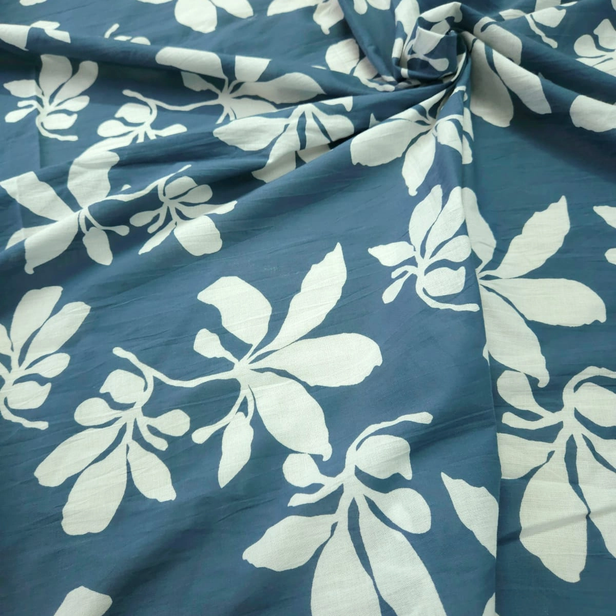 Bluish grey big white flower printed jaipuri cotton, 44 inches width cotton fabric